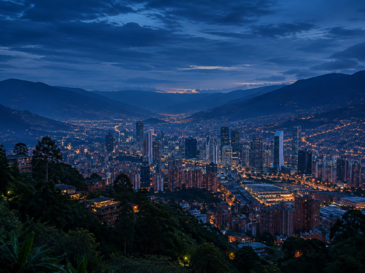 Panorámica del valle de Aburrá y Medellín al anochecer